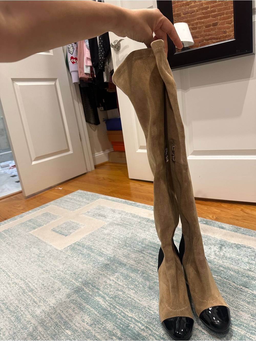 CHANEL Tan Suede Over-the-Knee Boots with Black Accents and Gold Block Heel - Picture 13 of 16